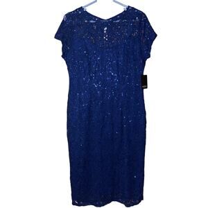 Marina women’s Sequin Lace Cap Sleeve Sheath Dress cobalt blue NWT (size 14)